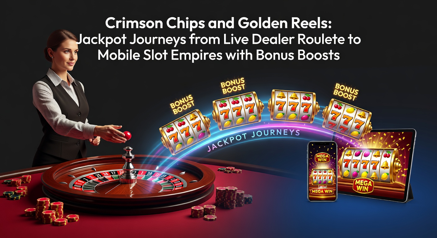 Ein eleganter Live-Dealer-Roulettetisch mit karmesinroten Chips und goldenen Walzen-Elementen, die den Übergang zu mobilen Slots symbolisieren