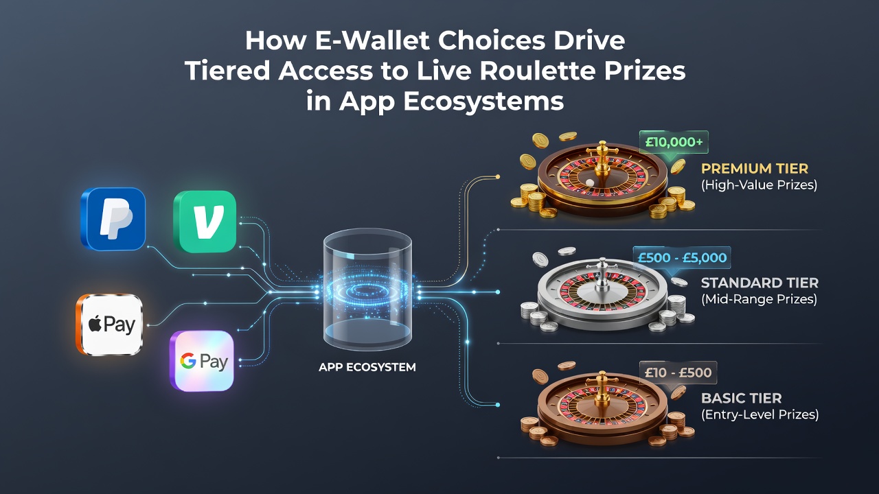 Diagram of tiered access levels in mobile apps linked to e-wallet transaction flows for roulette prizes