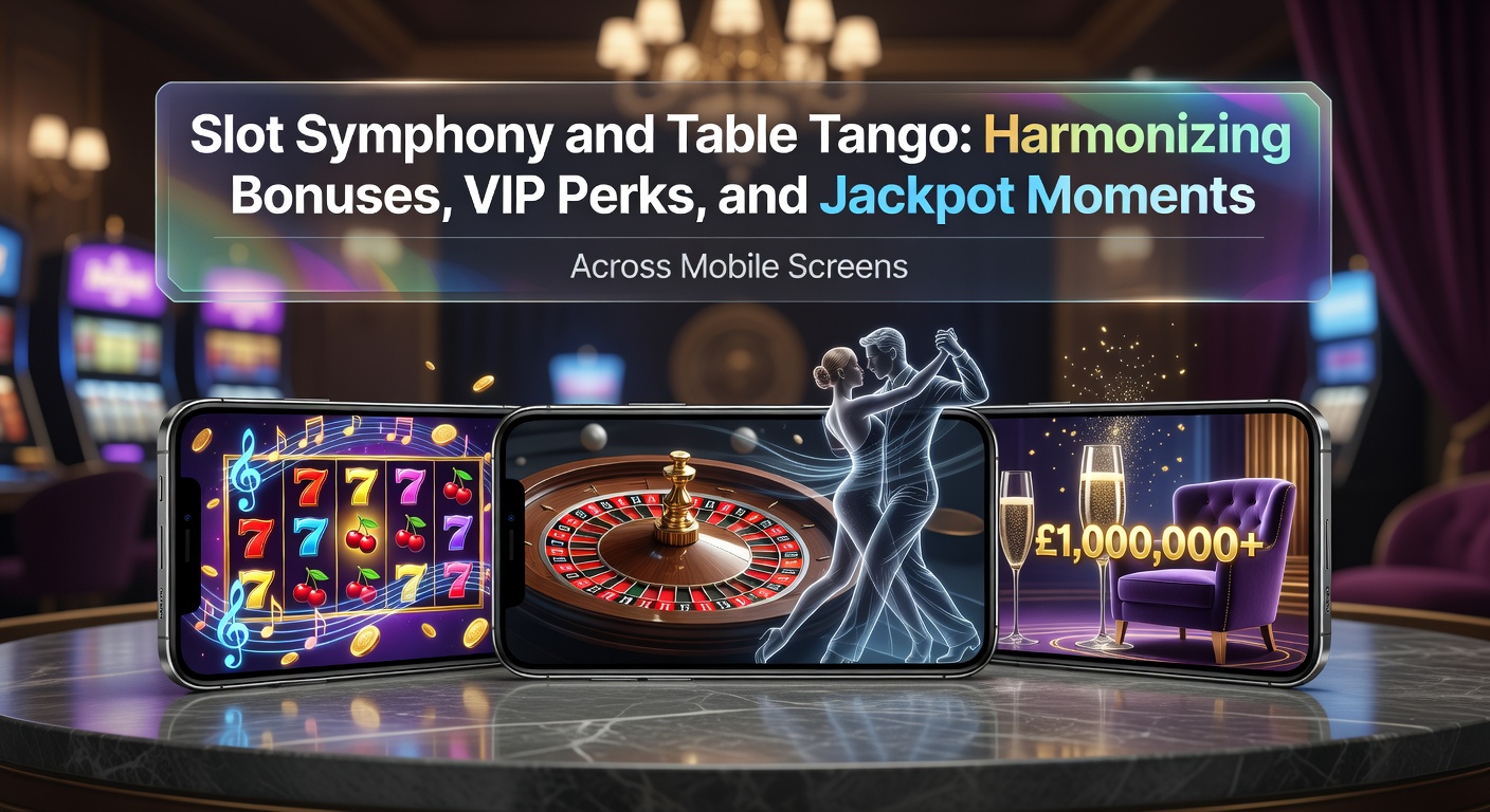 Mobile Slot-Symphonie mit leuchtenden Walzen und Tisch-Tango-Elementen auf einem Smartphone-Bildschirm, umgeben von Bonus-Symbolen und VIP-Icons