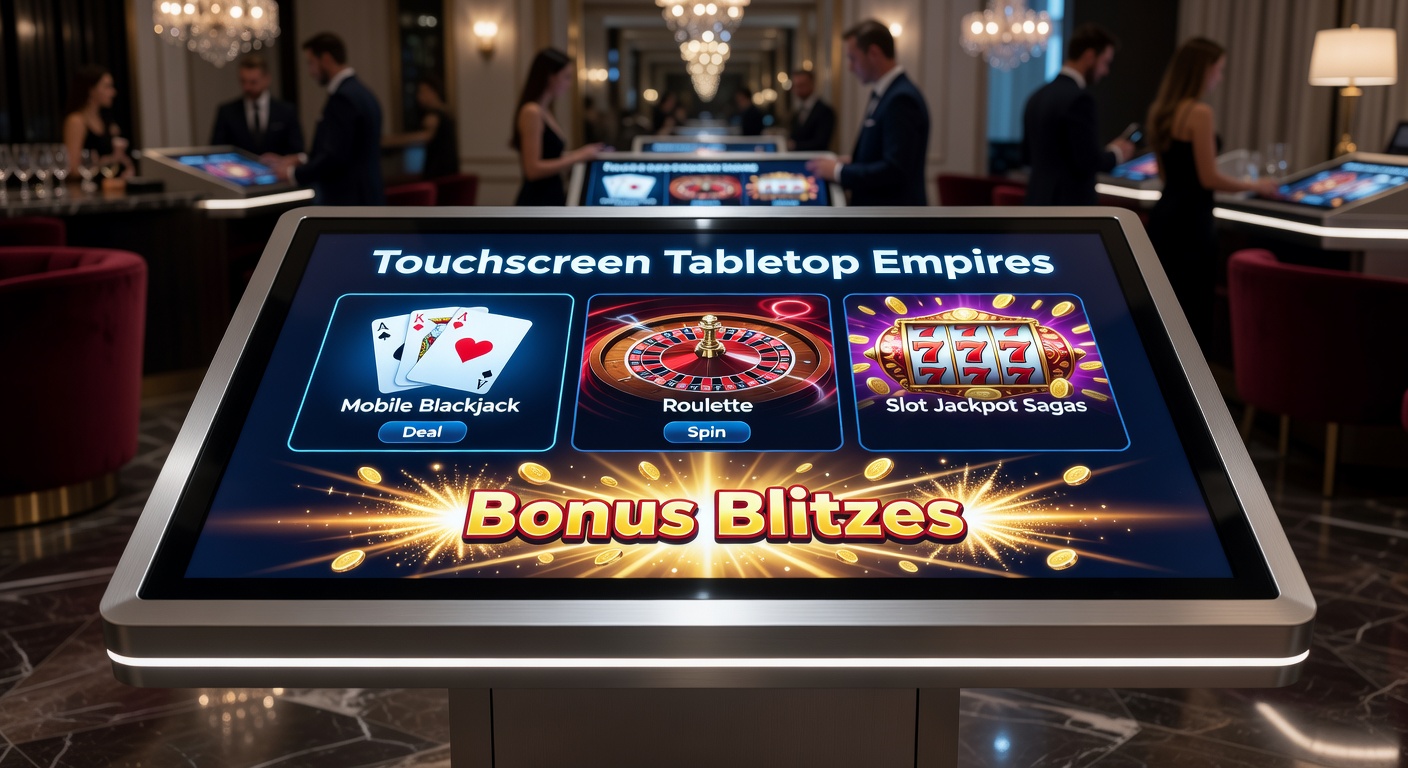 Smartphone mit touchbasiertem Blackjack-Spiel auf leuchtendem Tisch, umgeben von virtuellen Karten und Chips