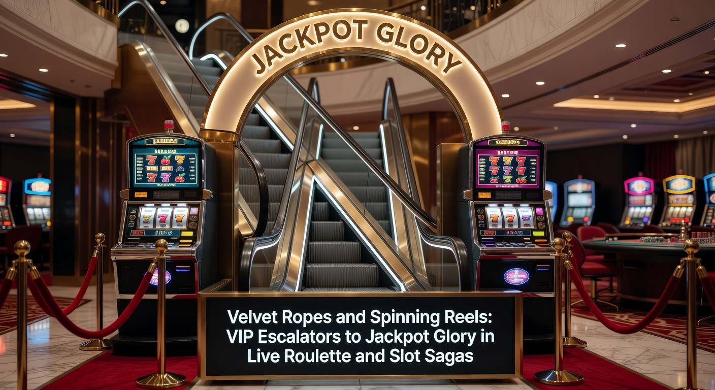 Ein elegantes VIP-Bereich in einem Online-Casino mit Samtseilen, Roulette-Tisch und leuchtenden Slot-Maschinen, die Jackpot-Lichter werfen